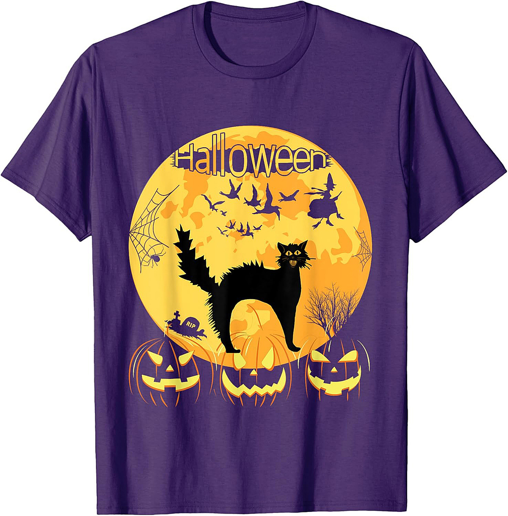 Black Scary Cat with Lighted Eyes Halloween T-Shirt for Men Women Kids