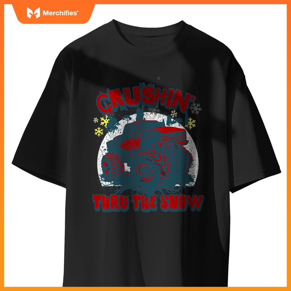 Monster Truck Crushin Thru Snow Winter Boys Man T-Shirt