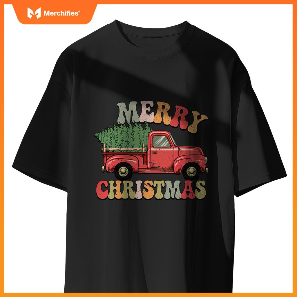 Groovy Wagon Red Car Merry Christmas Tree Truck Xmas Family T-Shirt
