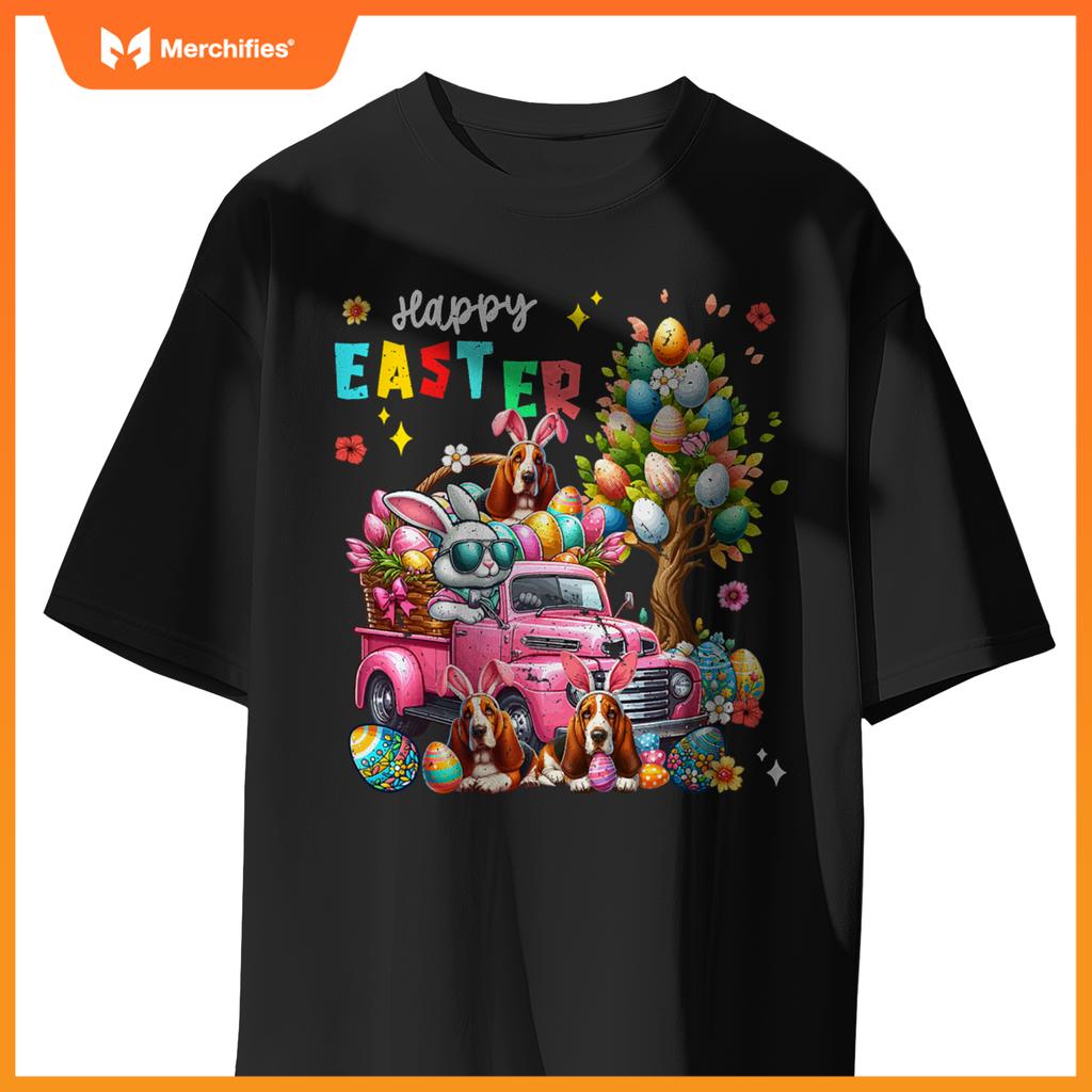 Happy Easter Three Cute Bunny Basset Hounds On Pickup Truck T-Shirt