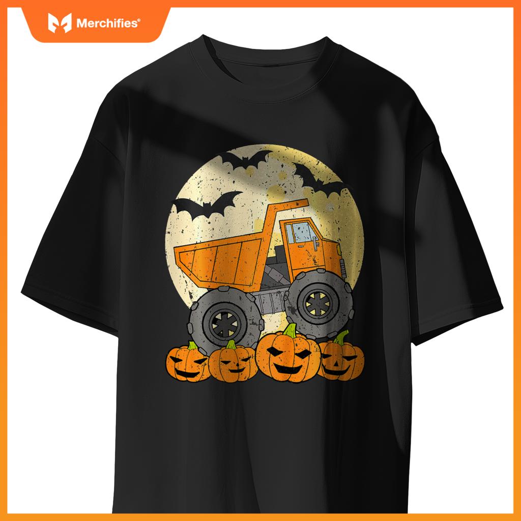 Kids Construction Monster Truck Halloween Pumpkins Toddler Boys T-Shirt