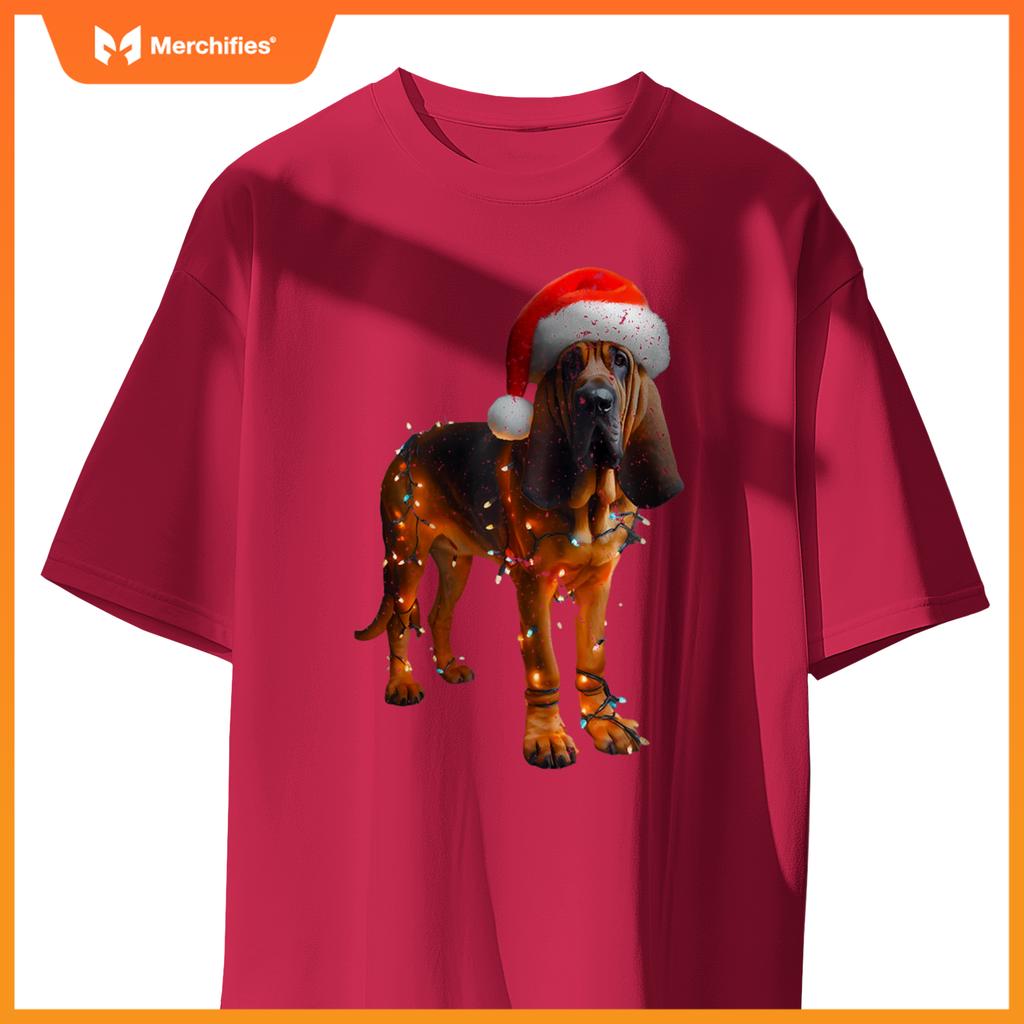 Bloodhound With Santa Hat Christmas Lights Dog Owner Mom Dad T-Shirt