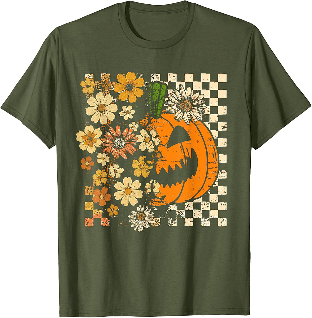 Boho Floral Fall Pumpkin Thanksgiving Autumn Vibes Halloween T-Shirt