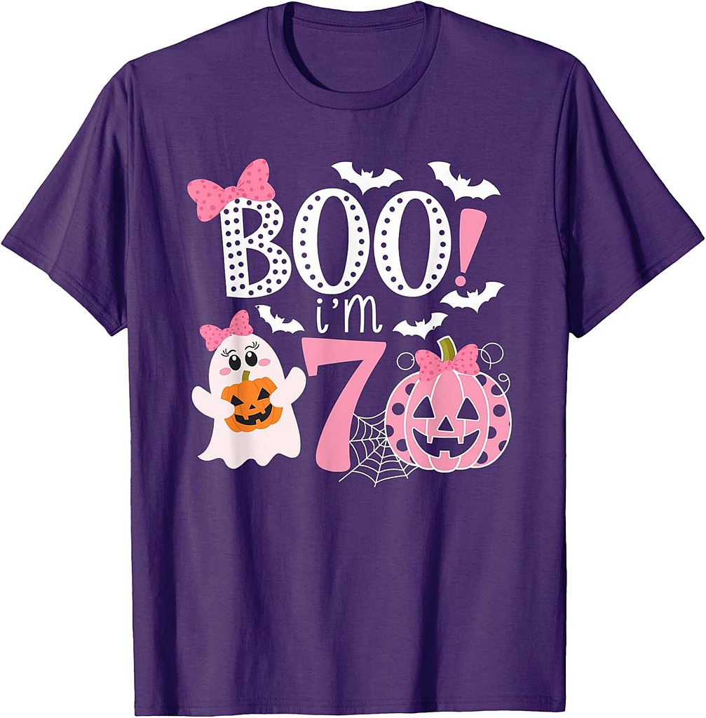 Boo I'm Seven Ghost Seventh 7th Birthday Halloween Girls T-Shirt