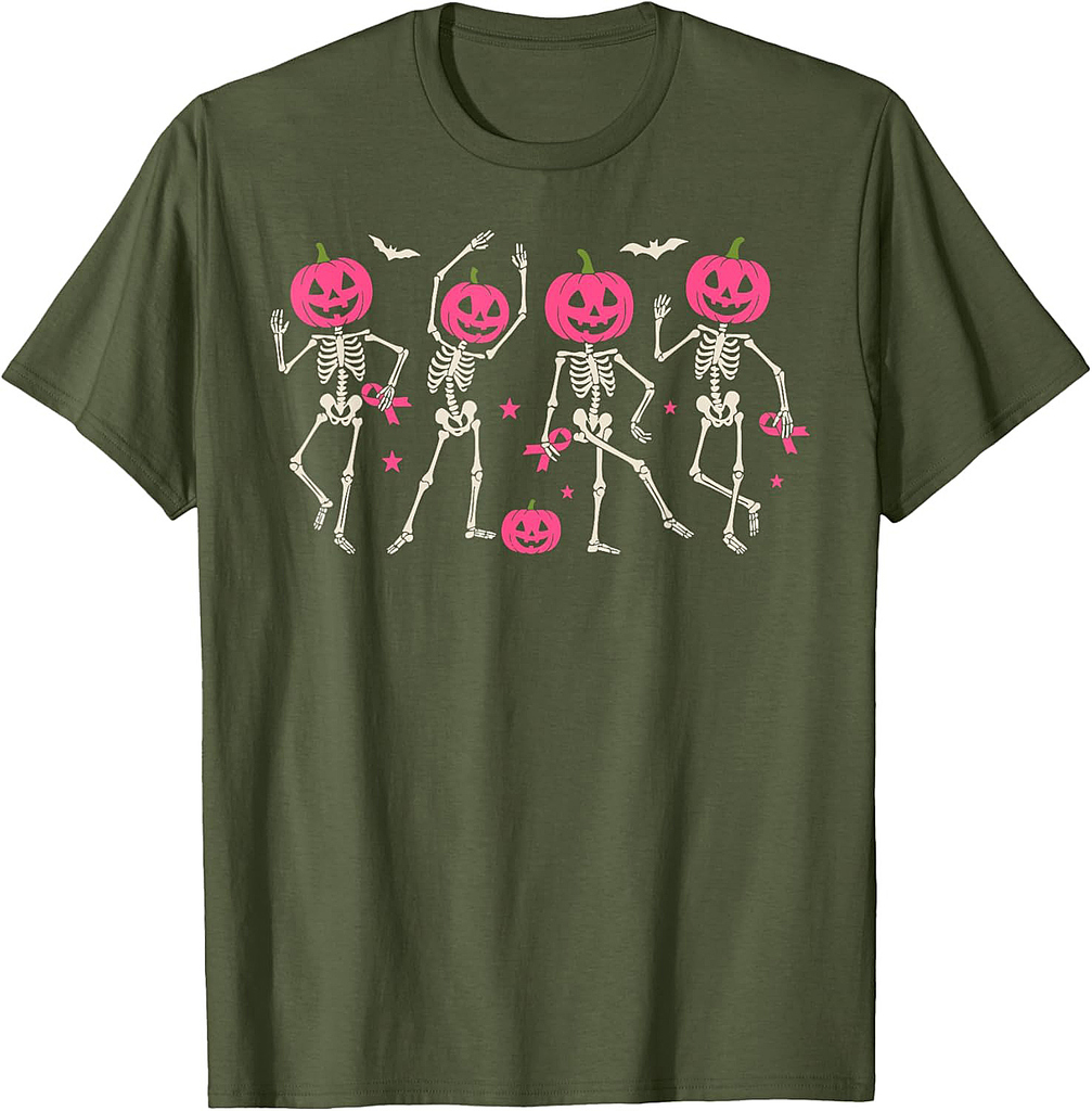 Breast Cancer Shirts for Women Halloween Skeleton Pumpkin T-Shirt