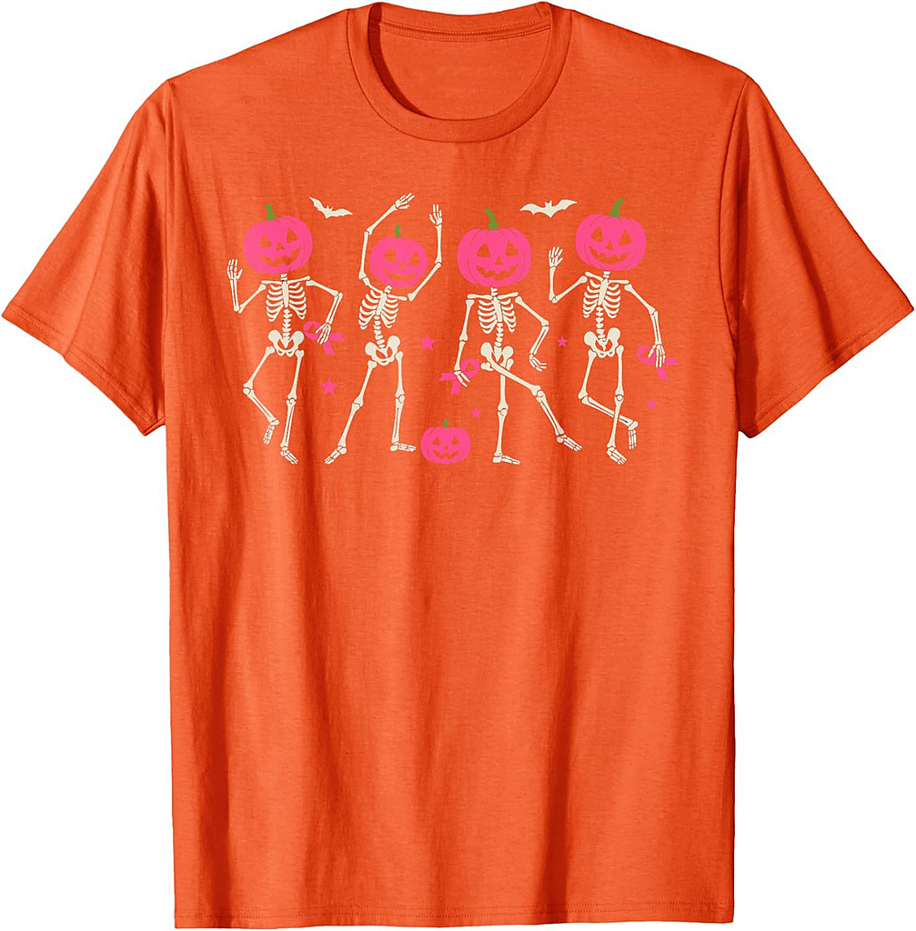 Breast Cancer Shirts for Women Halloween Skeleton Pumpkin T-Shirt