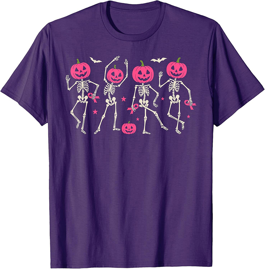Breast Cancer Shirts for Women Halloween Skeleton Pumpkin T-Shirt