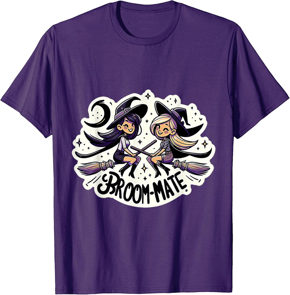 Broom-mate Flying Witches Costume Funny 2024 Halloween T-Shirt