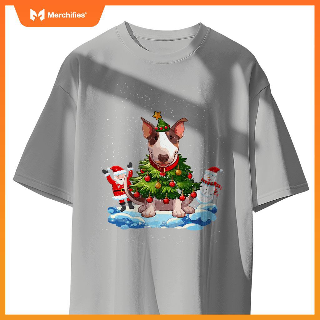 Bull Terrier Merry Christmas Tree Lights Dog X-Mas Dogs T-Shirt