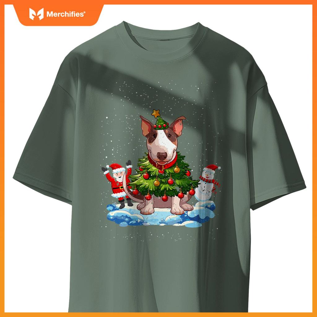 Bull Terrier Merry Christmas Tree Lights Dog X-Mas Dogs T-Shirt