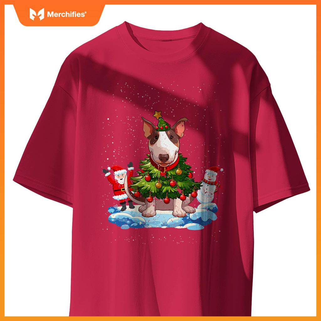 Bull Terrier Merry Christmas Tree Lights Dog X-Mas Dogs T-Shirt