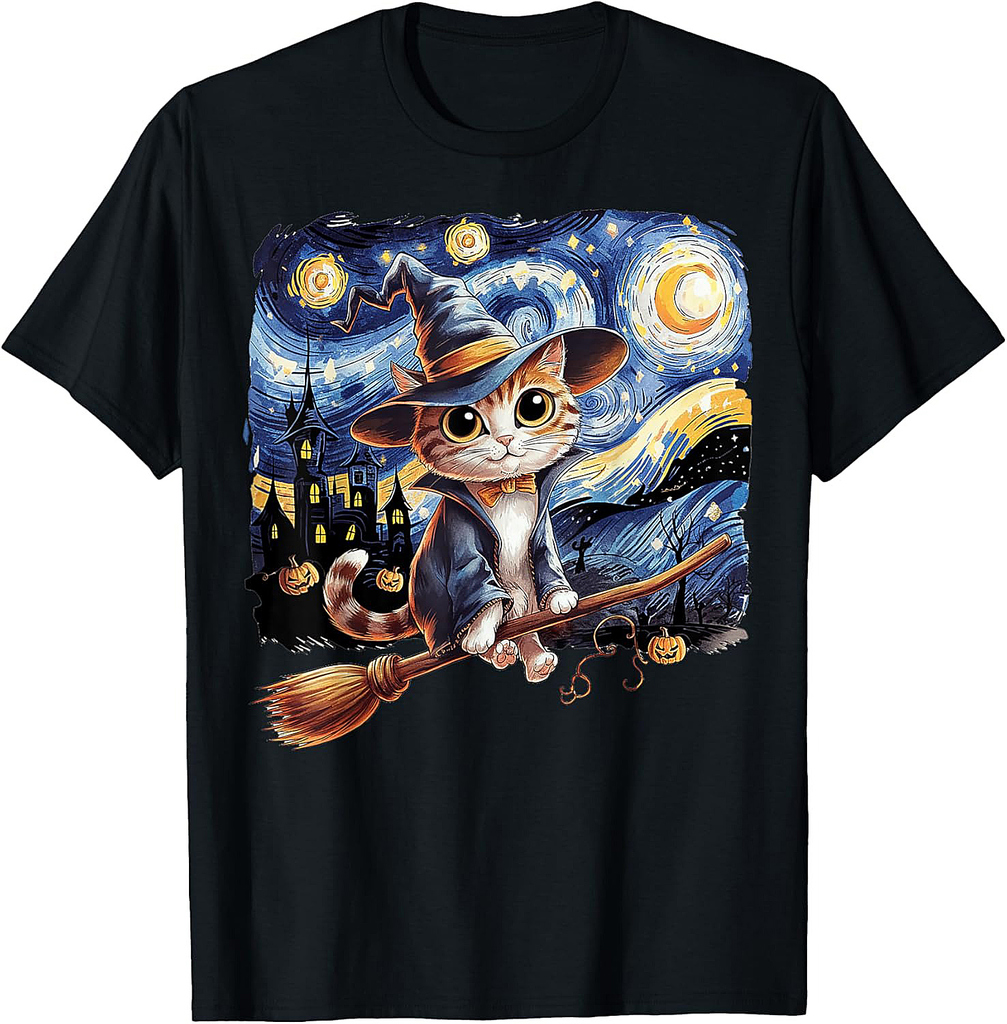 Cat Halloween Starry Night Gifts Cat Mom Cat Dad Cat Lover T-Shirt