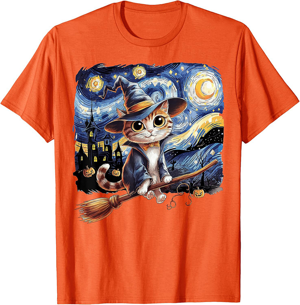 Cat Halloween Starry Night Gifts Cat Mom Cat Dad Cat Lover T-Shirt