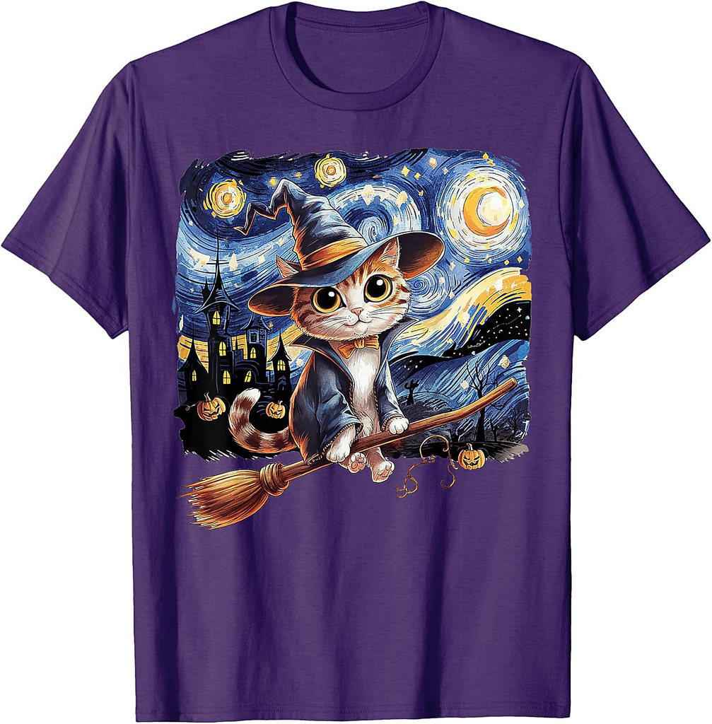 Cat Halloween Starry Night Gifts Cat Mom Cat Dad Cat Lover T-Shirt