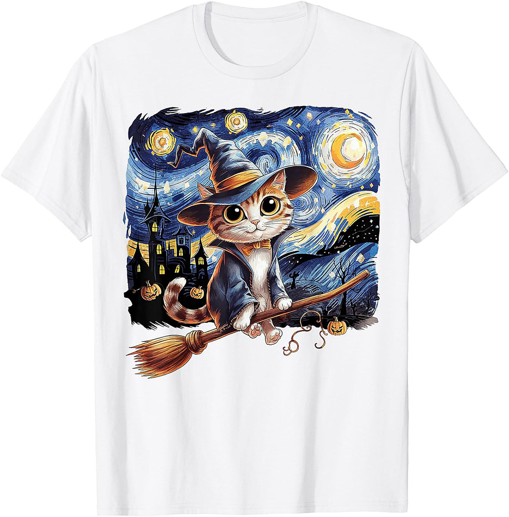 Cat Halloween Starry Night Gifts Cat Mom Cat Dad Cat Lover T-Shirt