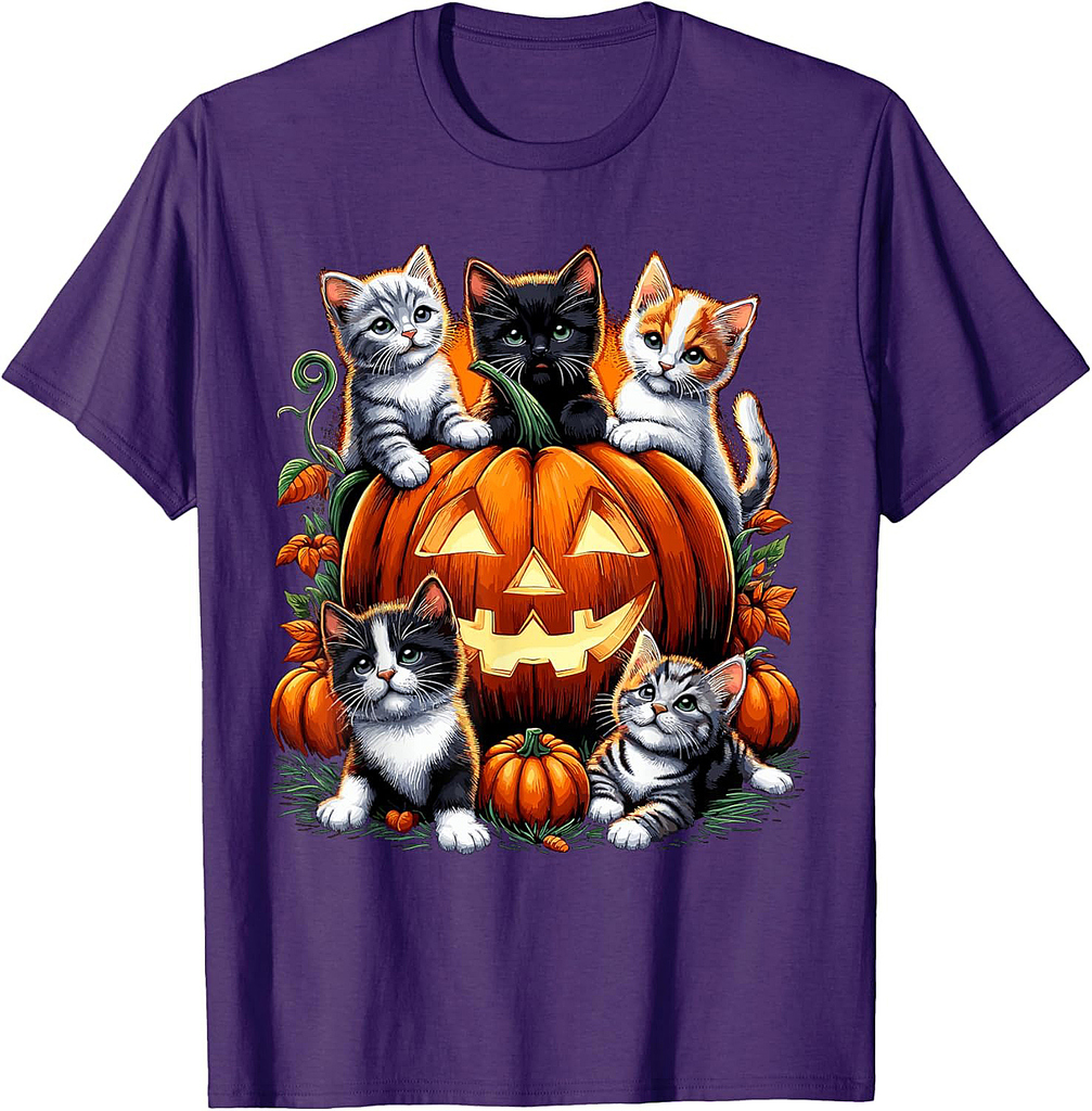 Cat Pumpkin Halloween Retro Floral Spooky Men Women Kids T-Shirt