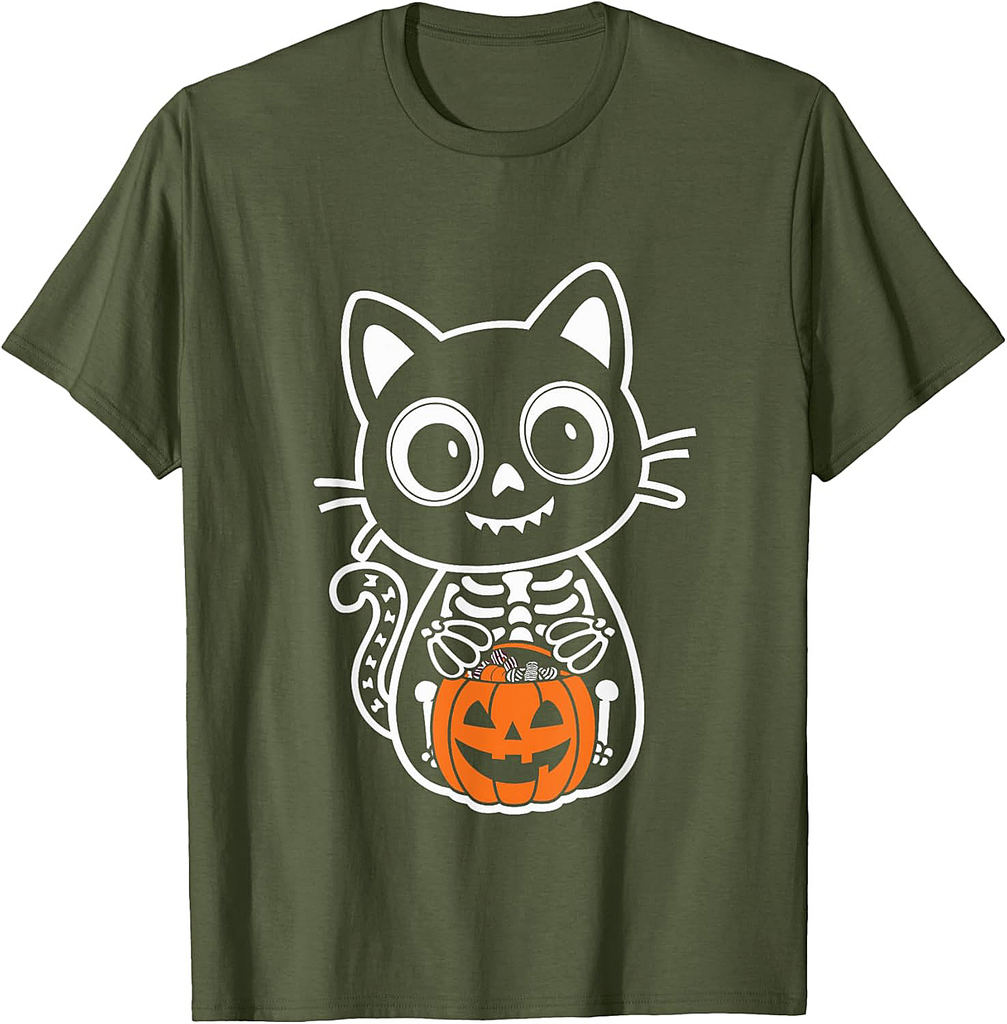 Cat Skeleton Halloween Pumpkin Cat Halloween Costume Men Women Kids T-Shirt