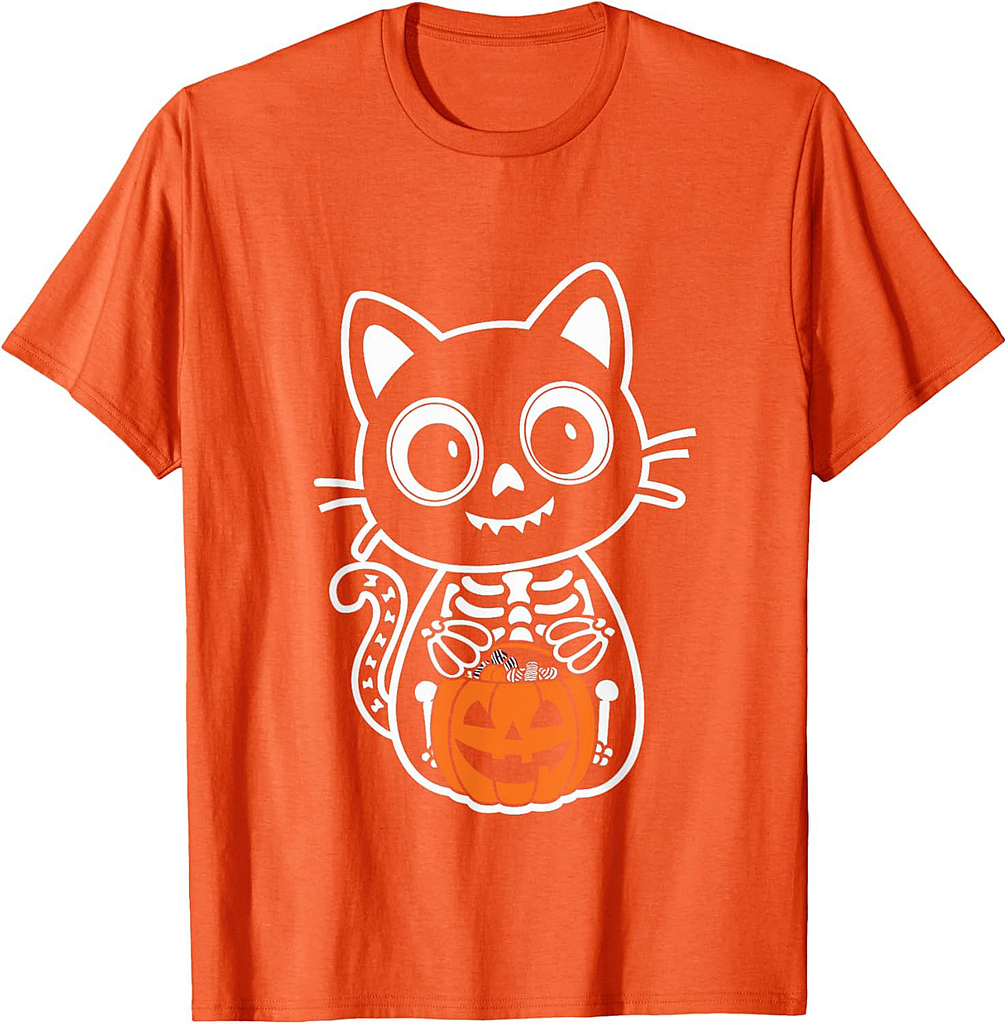Cat Skeleton Halloween Pumpkin Cat Halloween Costume Men Women Kids T-Shirt