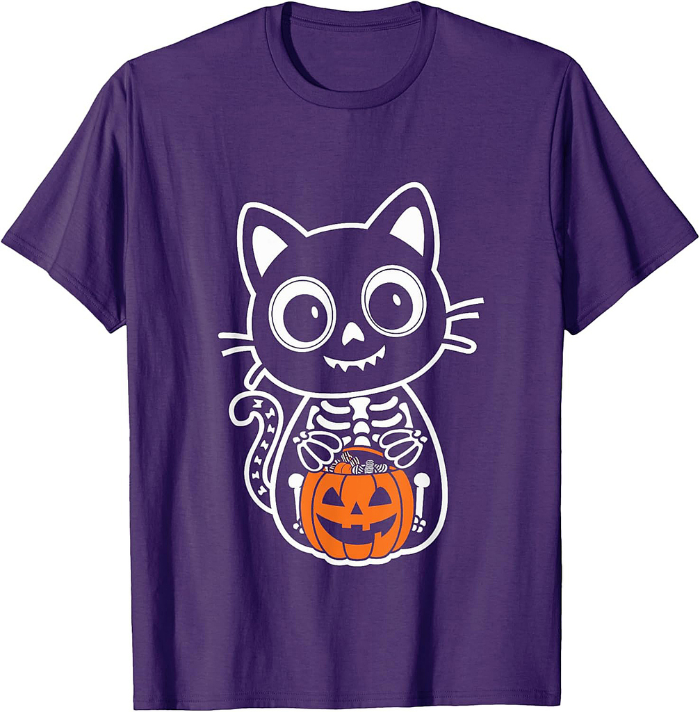 Cat Skeleton Halloween Pumpkin Cat Halloween Costume Men Women Kids T-Shirt
