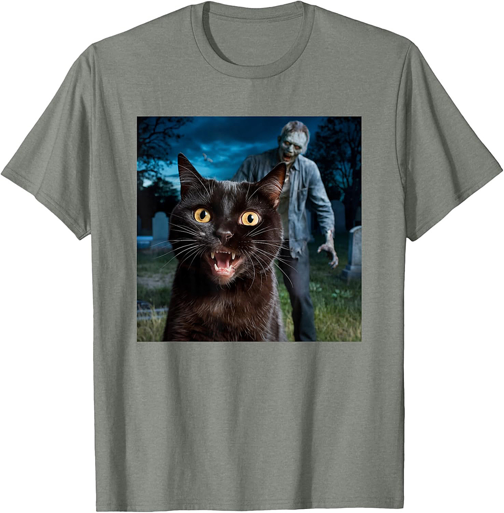 Cat and Zombie Selfie Photo Halloween for Cat Lovers T-Shirt