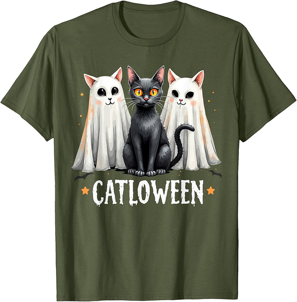 Catloween Cute Ghost Cats and Black Cat Halloween T-Shirt