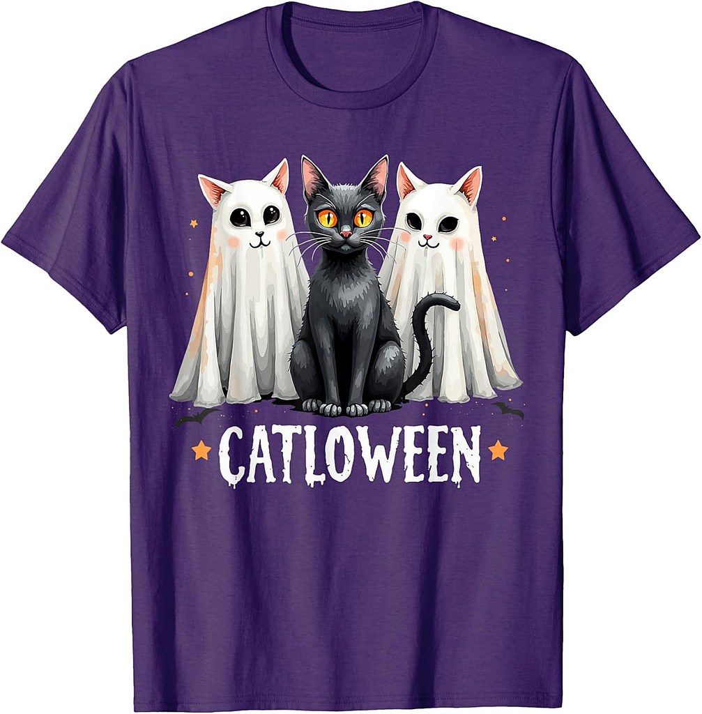 Catloween Cute Ghost Cats and Black Cat Halloween T-Shirt