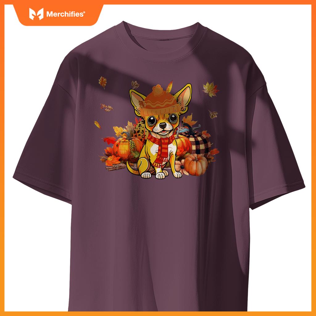 Chihuahua Dog Fall Scarf Leopard Pumpkins Autumn Leaves T-Shirt