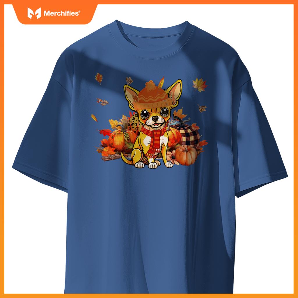 Chihuahua Dog Fall Scarf Leopard Pumpkins Autumn Leaves T-Shirt