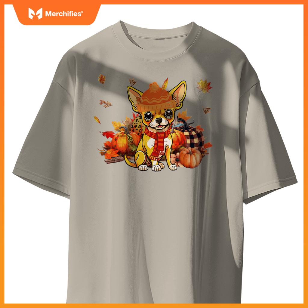 Chihuahua Dog Fall Scarf Leopard Pumpkins Autumn Leaves T-Shirt