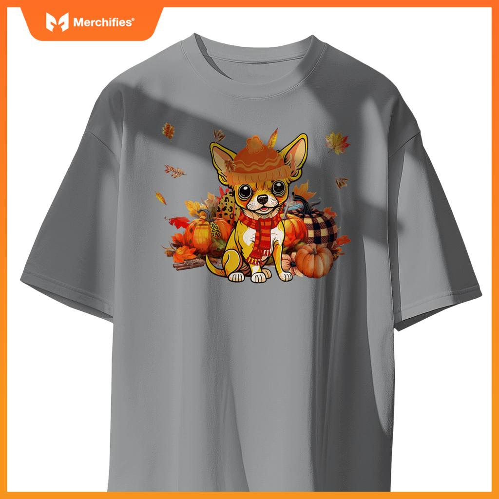 Chihuahua Dog Fall Scarf Leopard Pumpkins Autumn Leaves T-Shirt