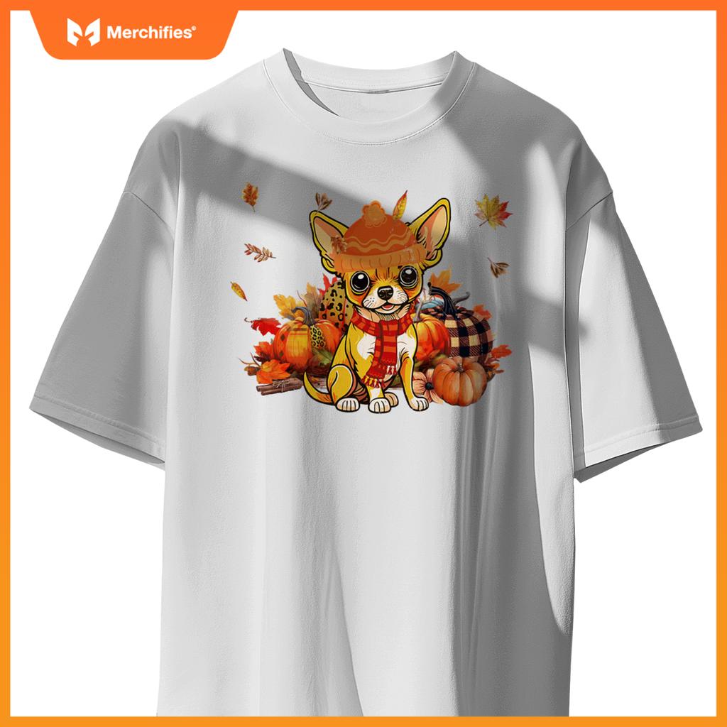 Chihuahua Dog Fall Scarf Leopard Pumpkins Autumn Leaves T-Shirt