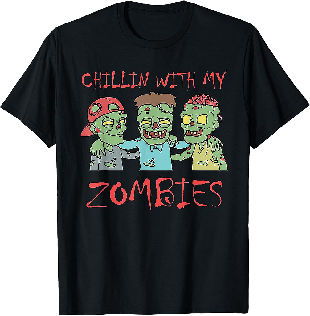 Chillin With My Zombies Halloween Men's T-Shirt Black Short Sleeve Classic Fit Adult Unisex Size Small