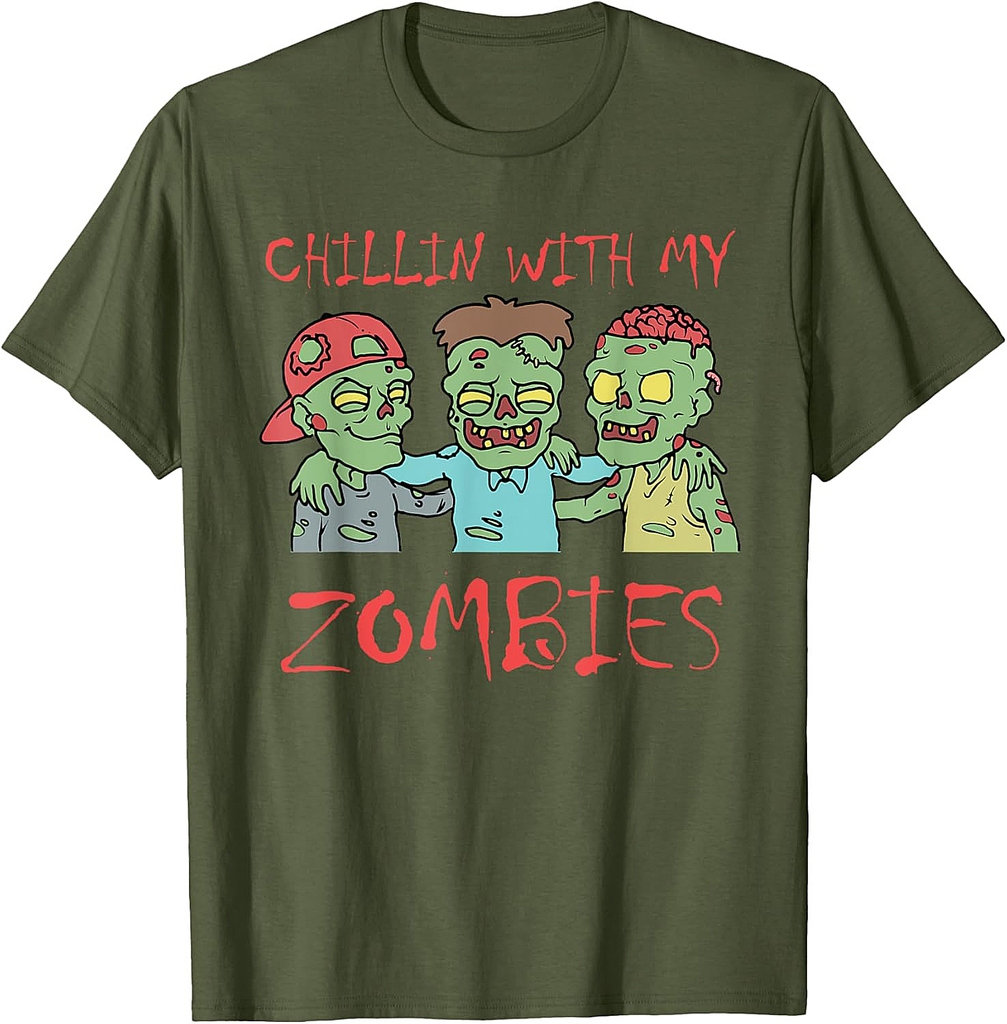 Chillin With My Zombies Halloween Men's T-Shirt Black Short Sleeve Classic Fit Adult Unisex Size Small