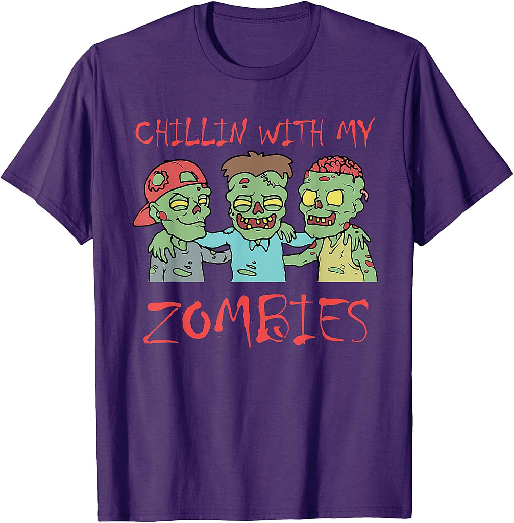 Chillin With My Zombies Halloween Men's T-Shirt Black Short Sleeve Classic Fit Adult Unisex Size Small