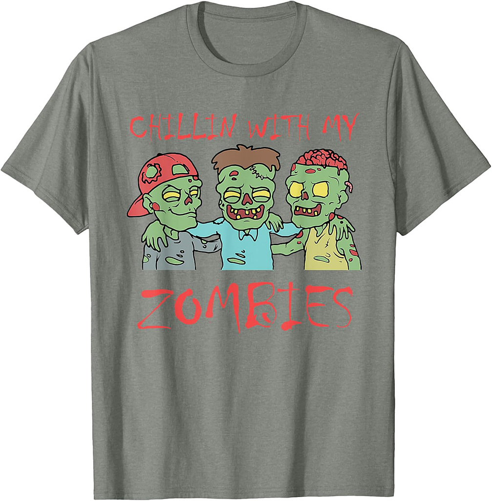 Chillin With My Zombies Halloween Men's T-Shirt Black Short Sleeve Classic Fit Adult Unisex Size Small