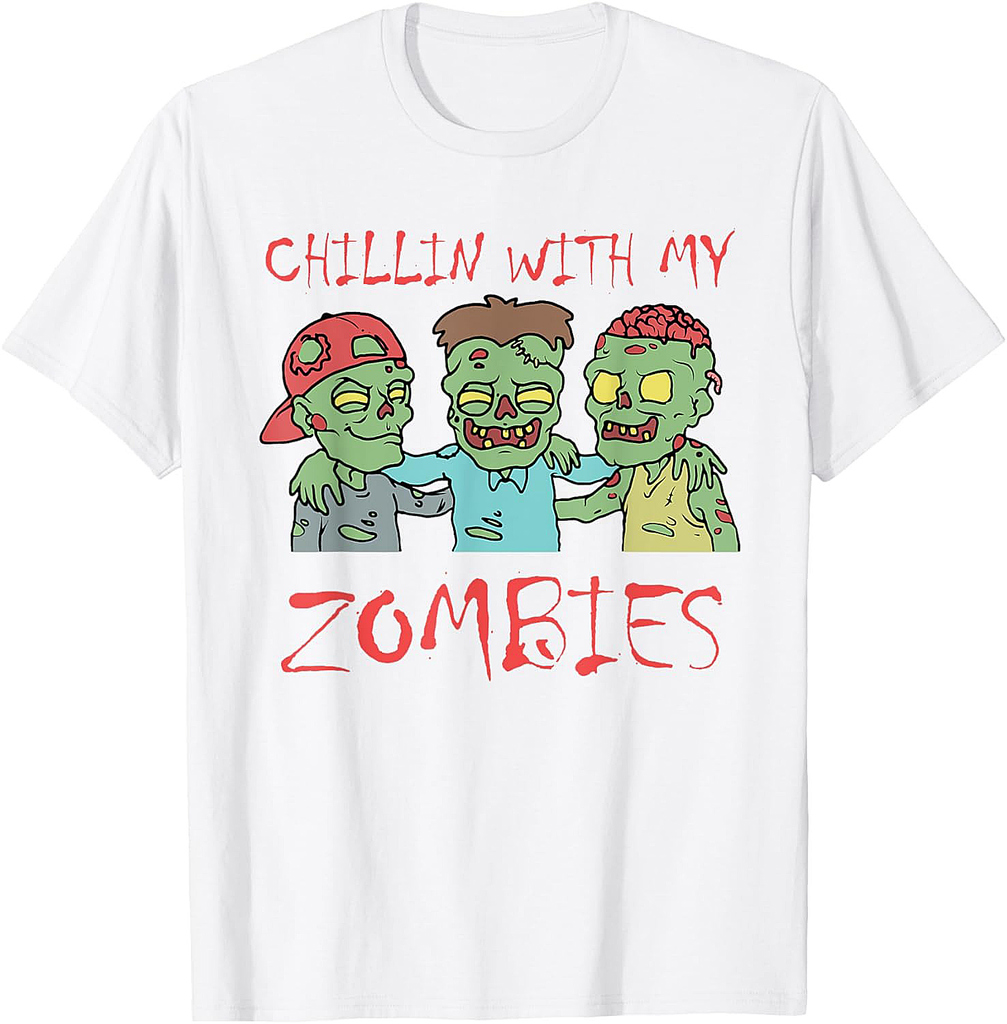 Chillin With My Zombies Halloween Men's T-Shirt Black Short Sleeve Classic Fit Adult Unisex Size Small