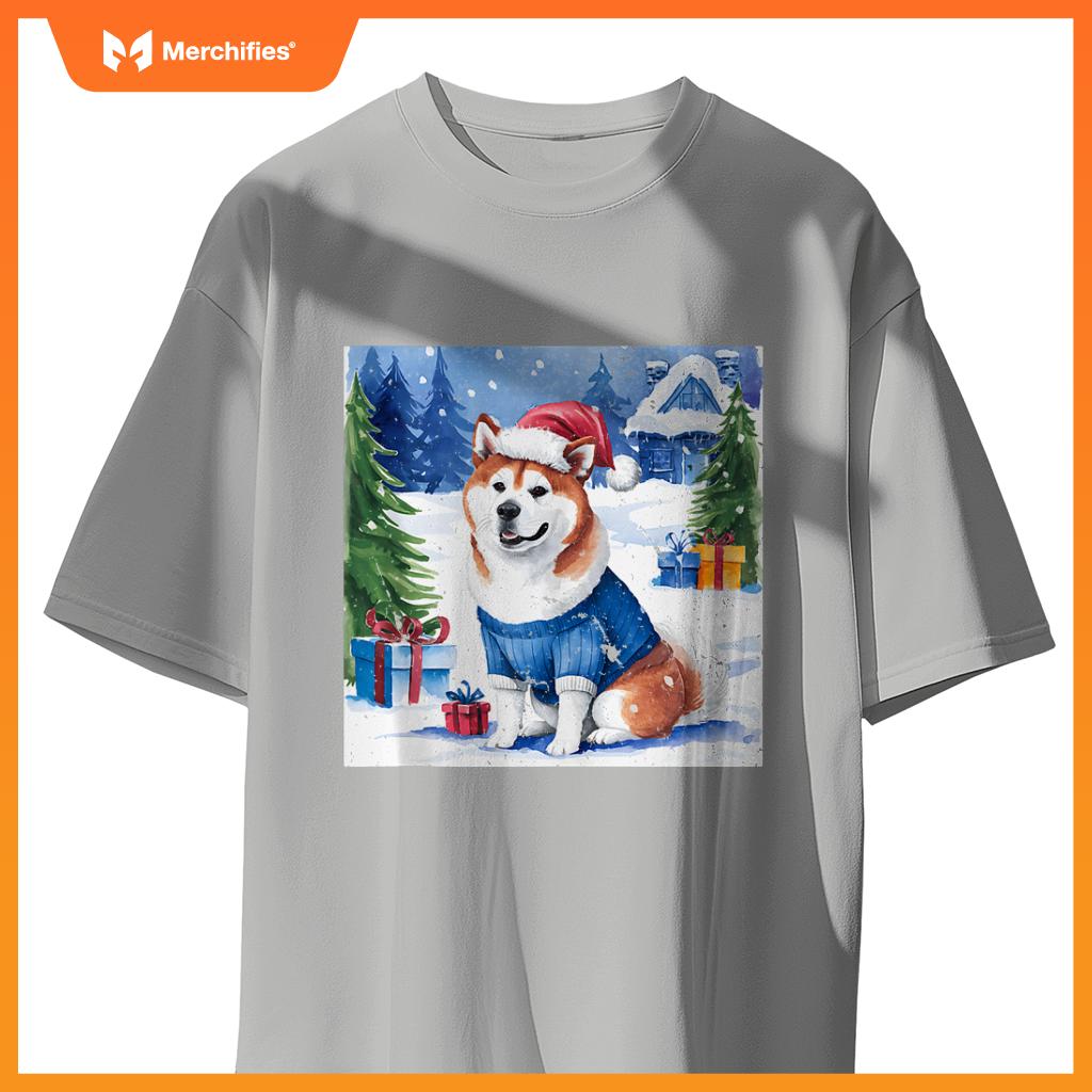 Christmas Akita Dog Santa Hat In Xmas Snow T-Shirt