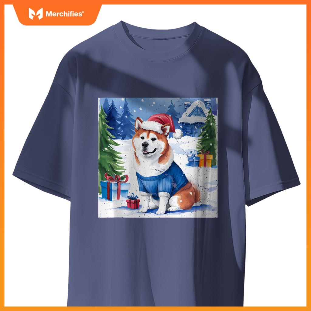 Christmas Akita Dog Santa Hat In Xmas Snow T-Shirt