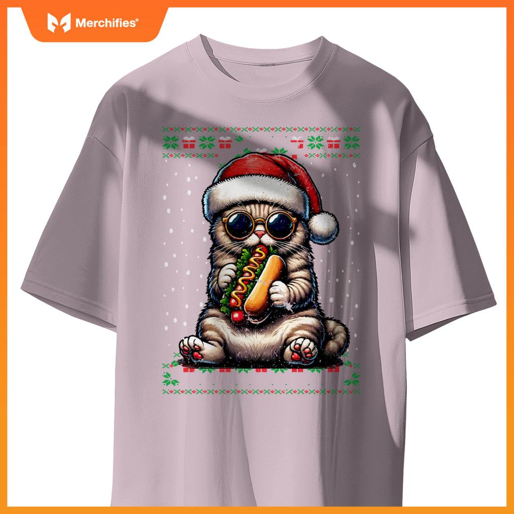 Christmas Cat Eating Hot Dogs Ugly Christmas T-Shirt