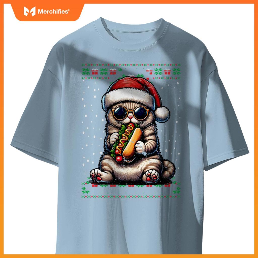 Christmas Cat Eating Hot Dogs Ugly Christmas T-Shirt
