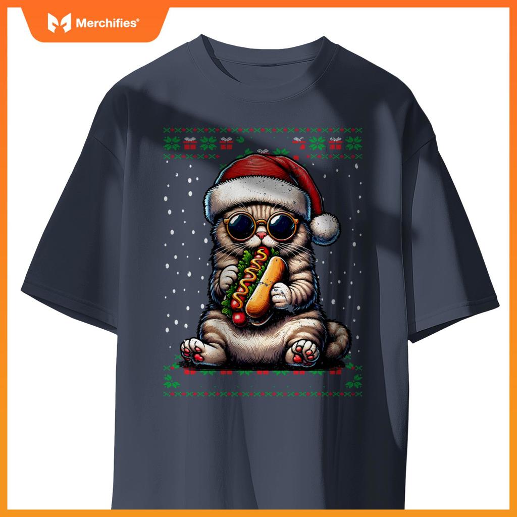 Christmas Cat Eating Hot Dogs Ugly Christmas T-Shirt