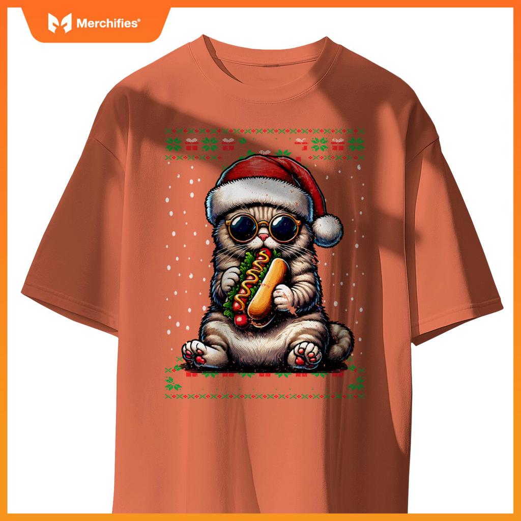 Christmas Cat Eating Hot Dogs Ugly Christmas T-Shirt