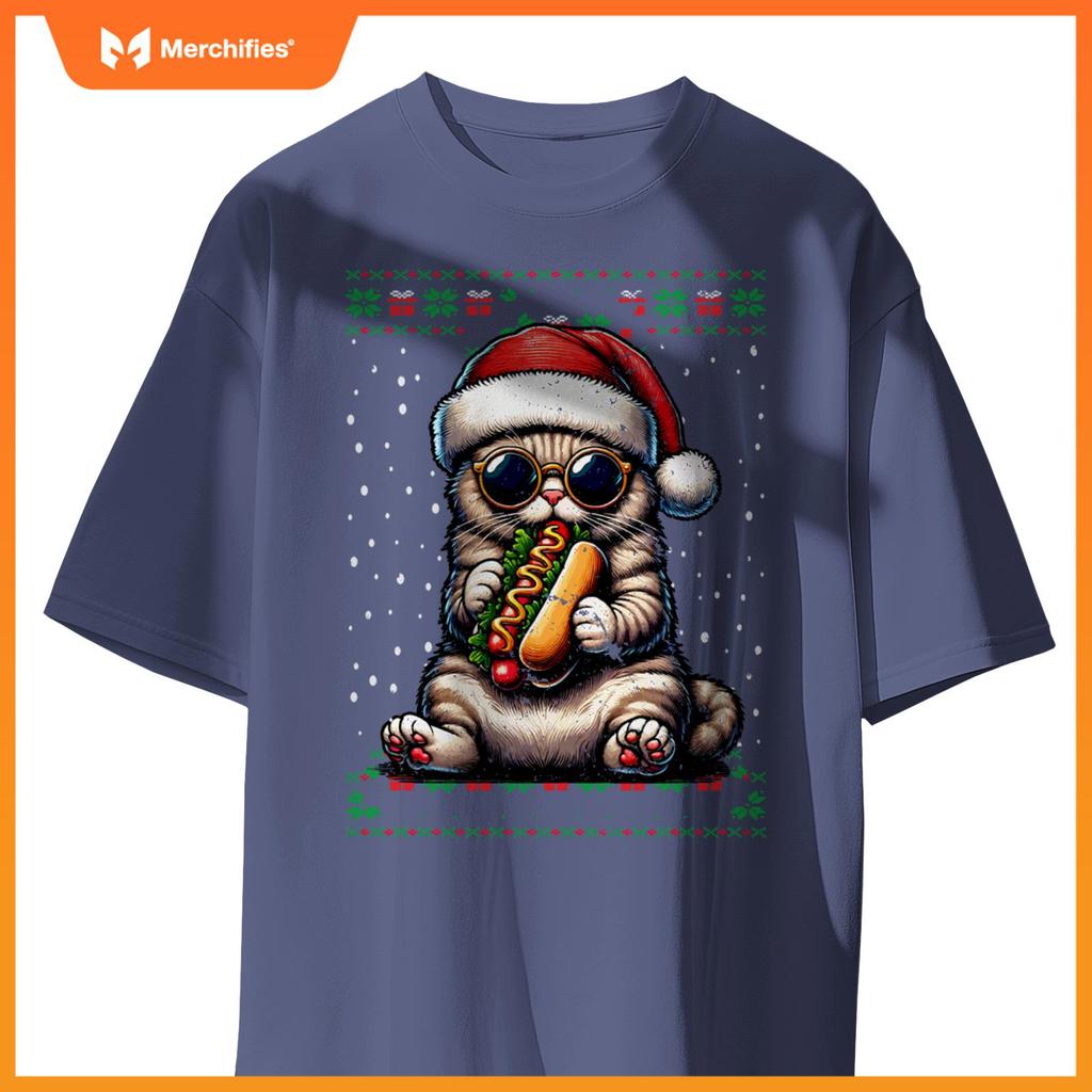Christmas Cat Eating Hot Dogs Ugly Christmas T-Shirt