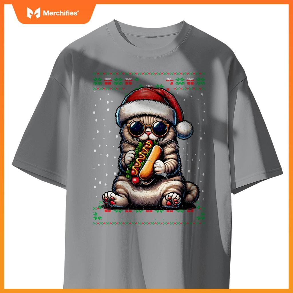 Christmas Cat Eating Hot Dogs Ugly Christmas T-Shirt