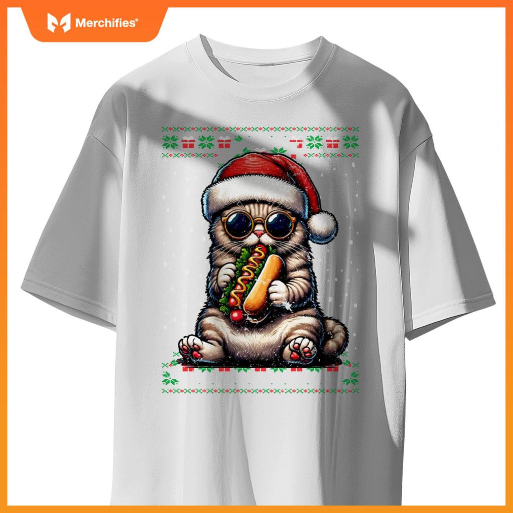 Christmas Cat Eating Hot Dogs Ugly Christmas T-Shirt