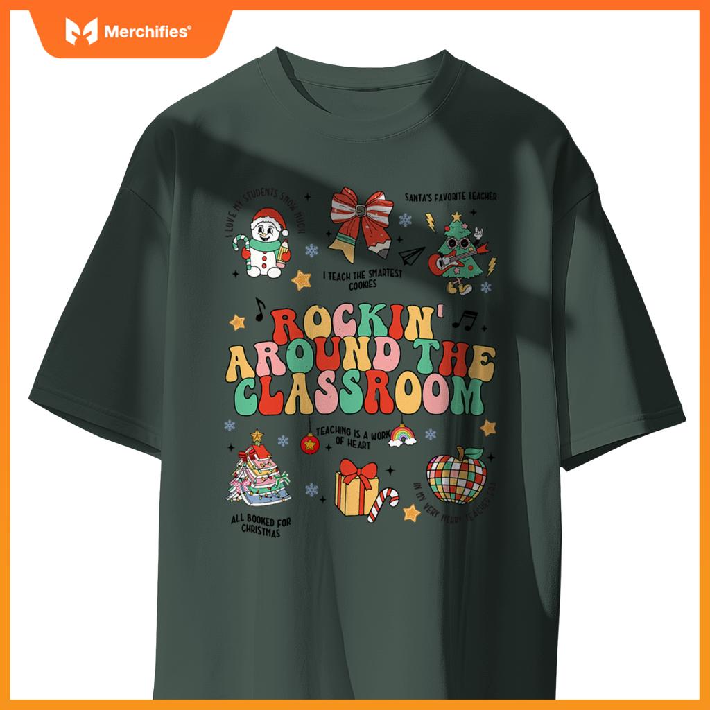 Christmas Rockin' Around The Classroom Teacher Retro Groovy