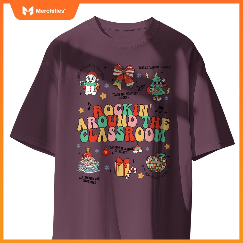 Christmas Rockin' Around The Classroom Teacher Retro Groovy