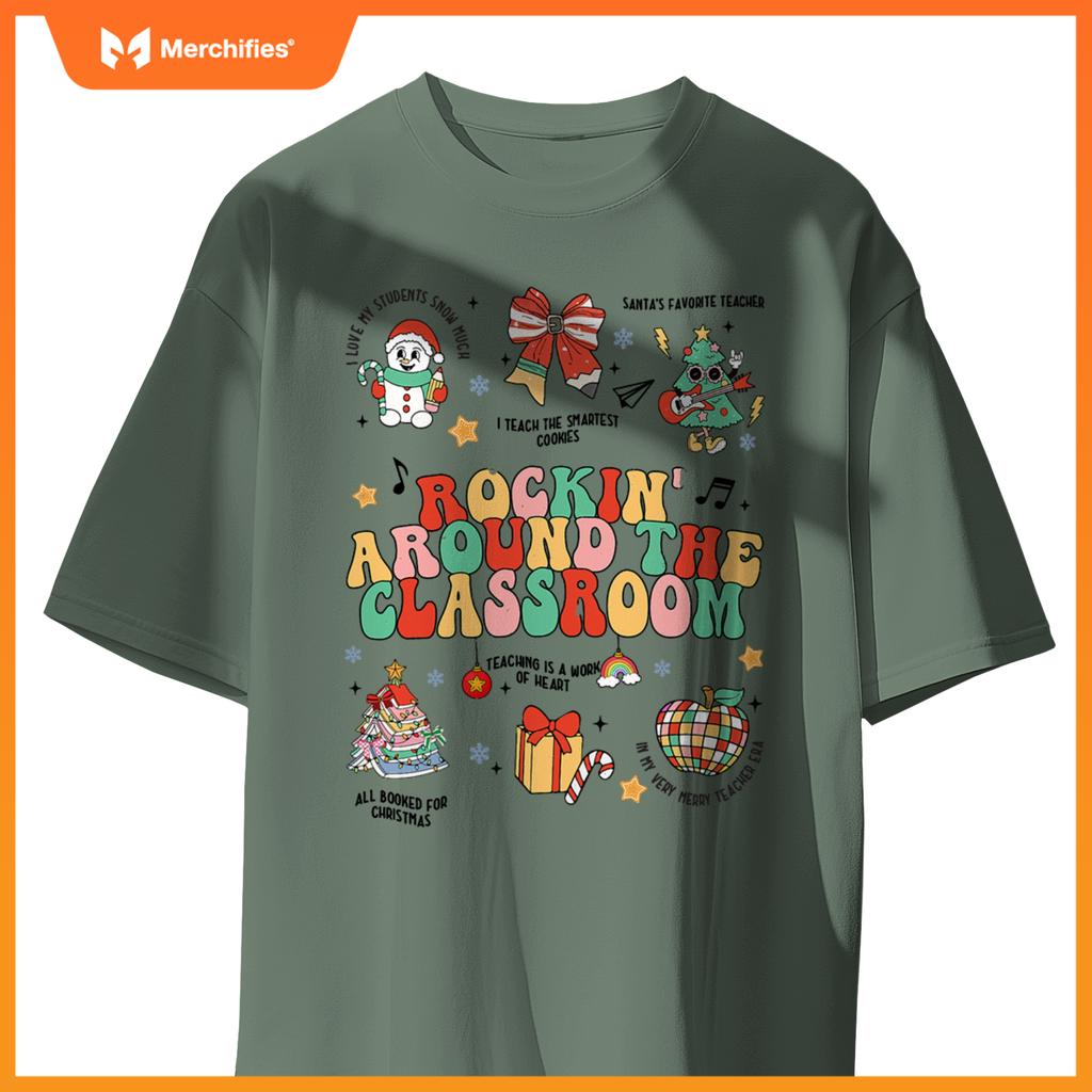 Christmas Rockin' Around The Classroom Teacher Retro Groovy