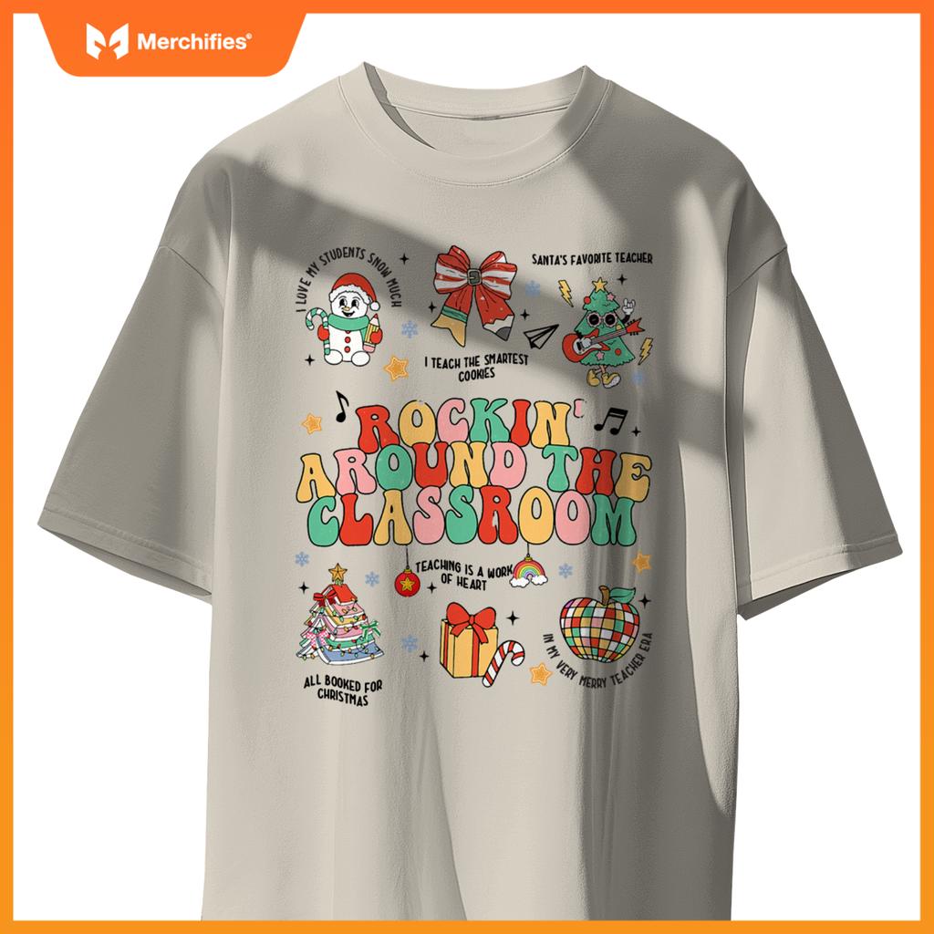 Christmas Rockin' Around The Classroom Teacher Retro Groovy