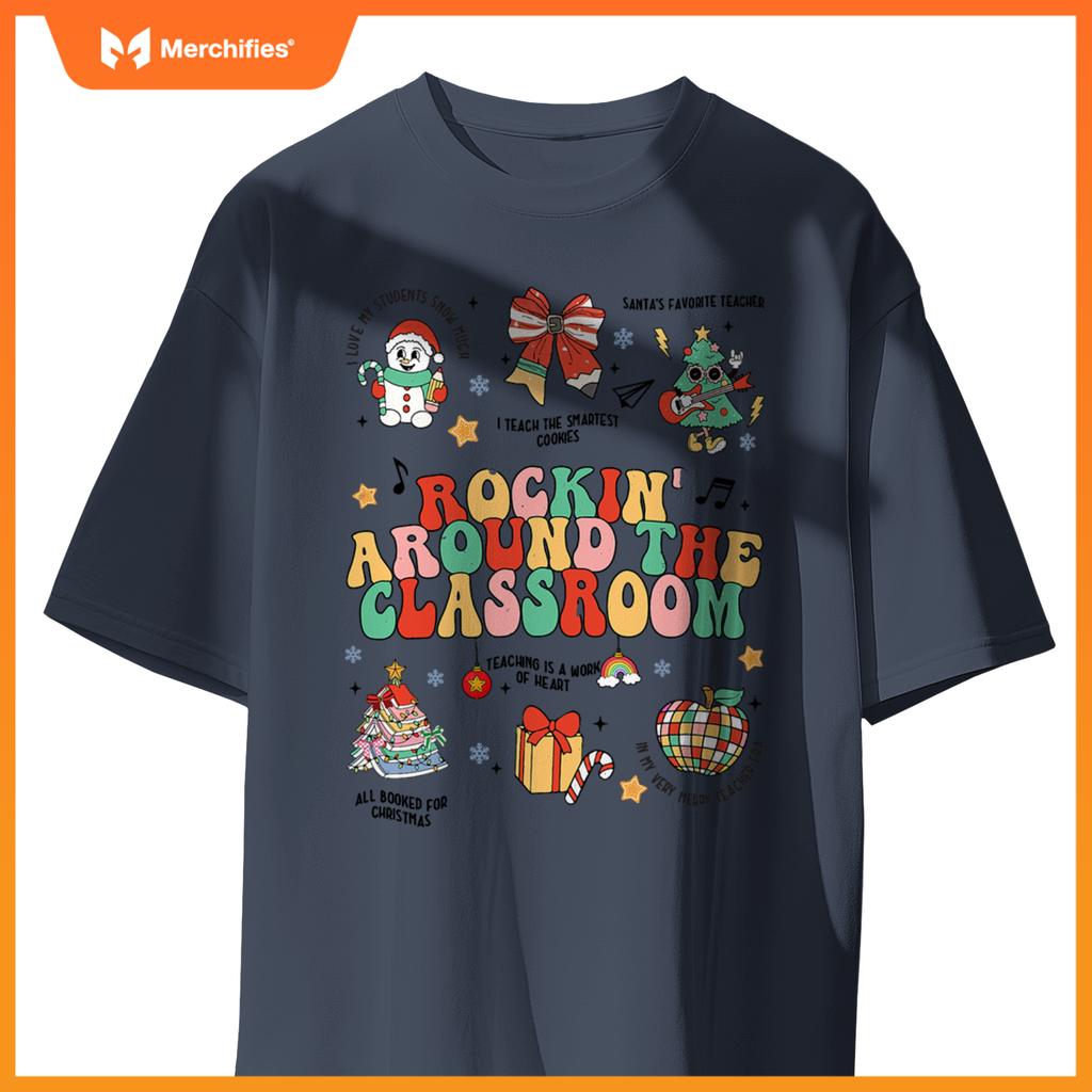 Christmas Rockin' Around The Classroom Teacher Retro Groovy